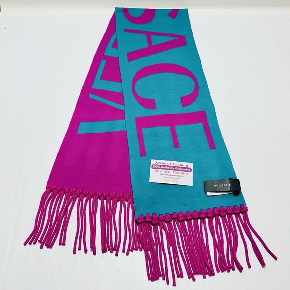 NWT Versace Reversible Teal Pink Fringed Wool Jacquard Logo Scarf 72"x12" $825 - Picture 7 of 13
